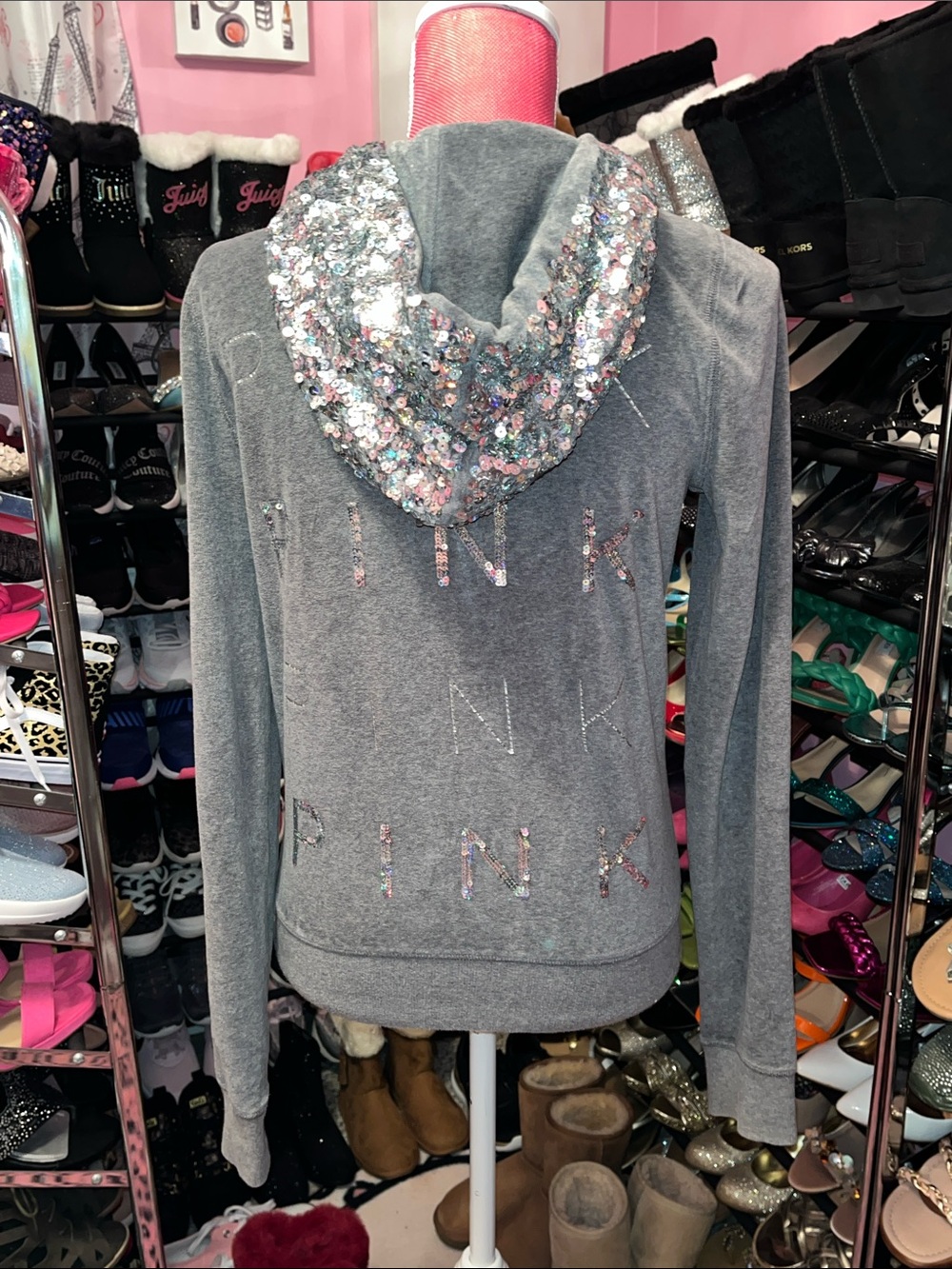 PINK Victoria's Secret Gray Sequin Zip Hoodie